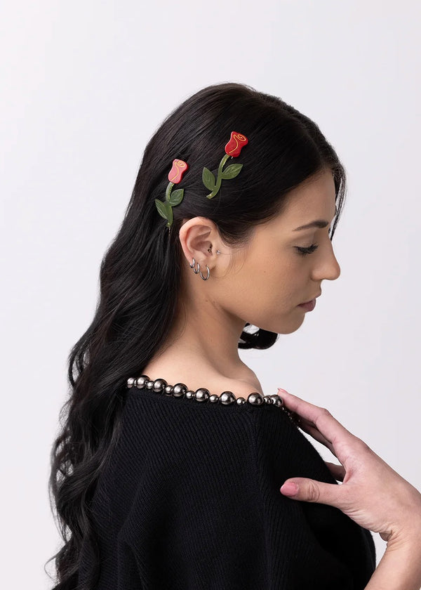 Red Rose Barrette Hair Clip Set