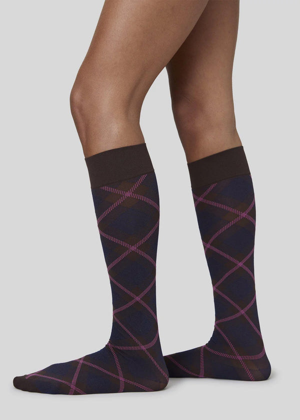 2-pack Franka Check & Solid Knee Highs | Dark Brown