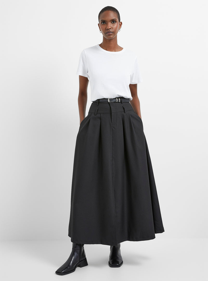 Long Pleated Belted Skirt with Slit