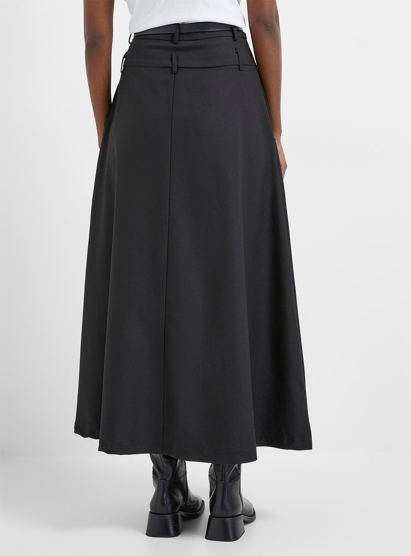 Long Pleated Belted Skirt with Slit