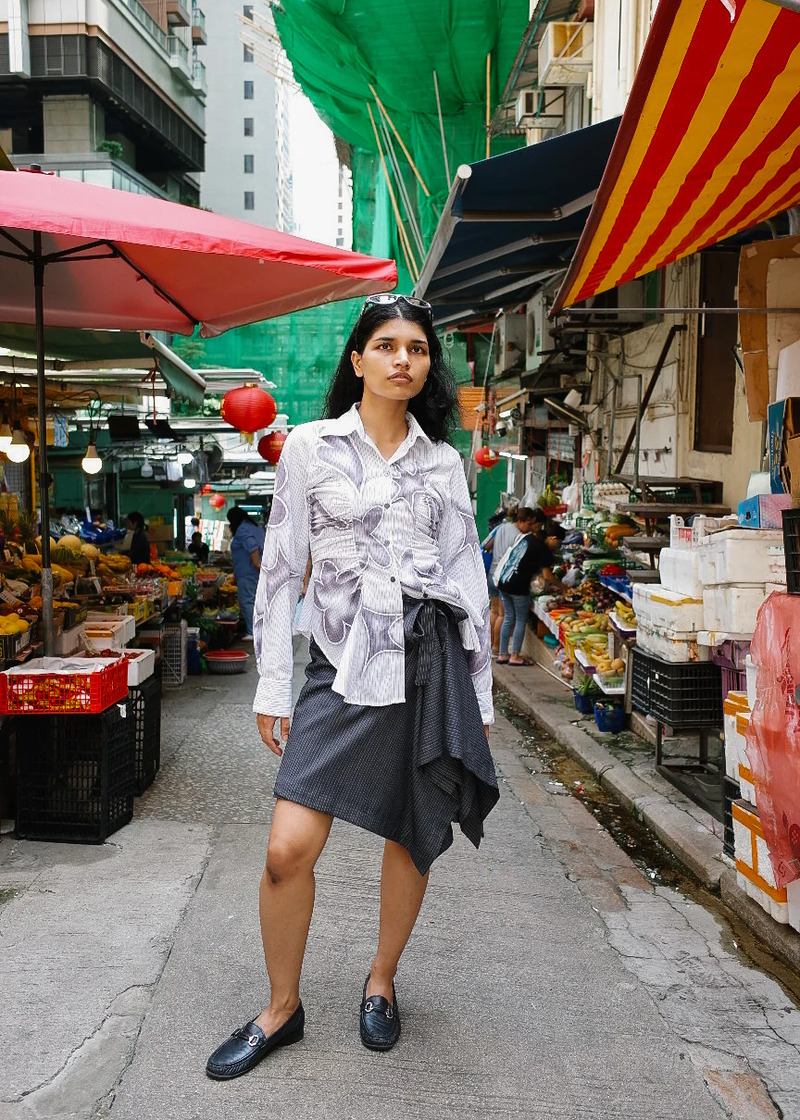 ORIGAMI SKIRT | GREY PINSTRIPE