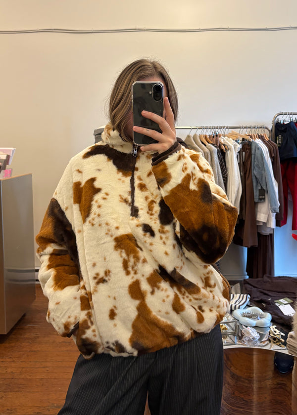 Cow Print Half Zip Fleece Jacket