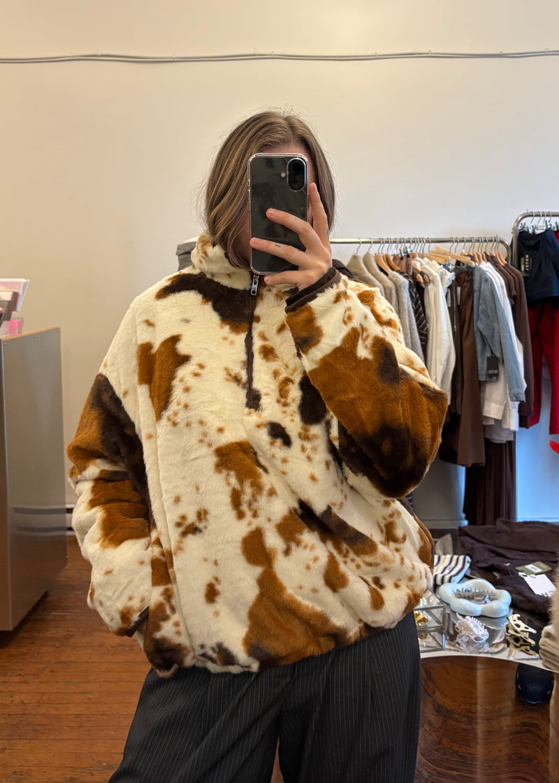 Cow Print Half Zip Fleece Jacket