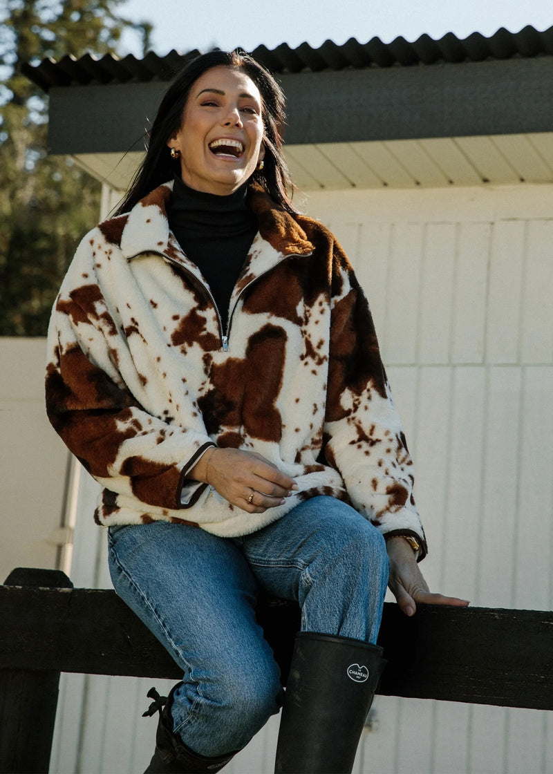 Cow Print Half Zip Fleece Jacket