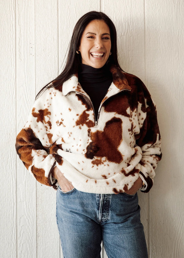 Cow Print Half Zip Fleece Jacket