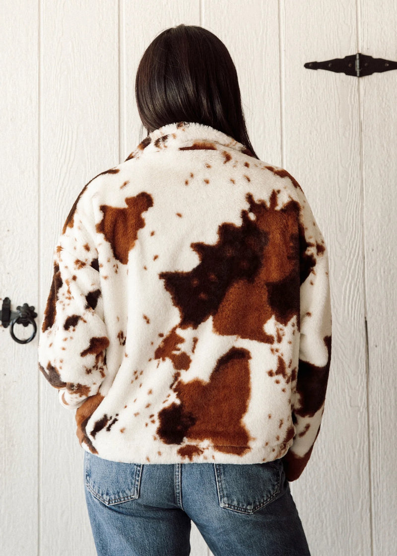 Cow Print Half Zip Fleece Jacket