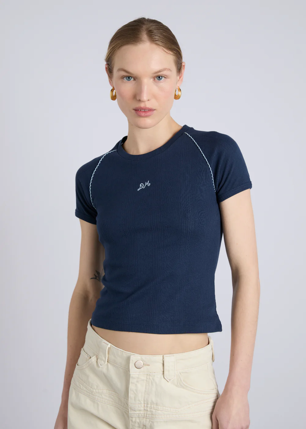 Aster Pointelle Raglan Baby Tee | Navy