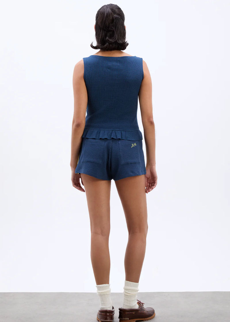 Hattie Waffle Ruffle Tank | Navy & Butter