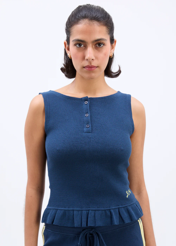 Hattie Waffle Ruffle Tank | Navy & Butter