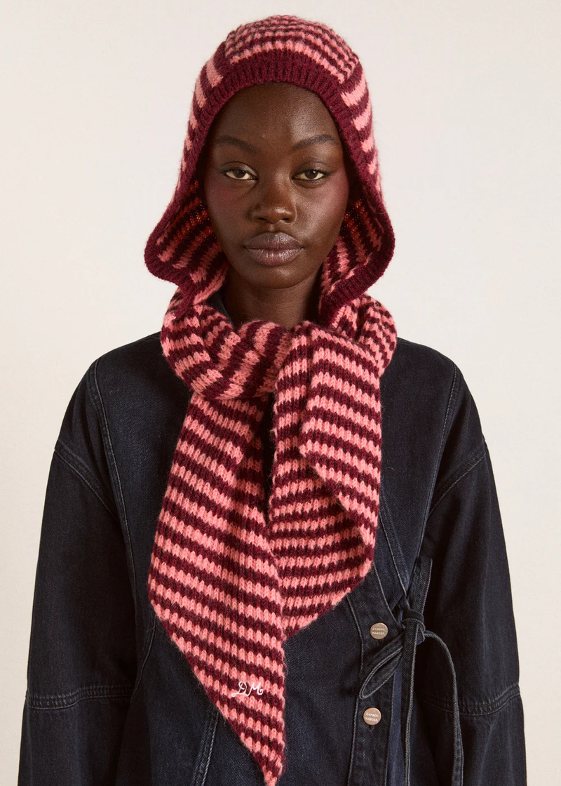 Tie Front Hood | Pink & Burgundy Stripe