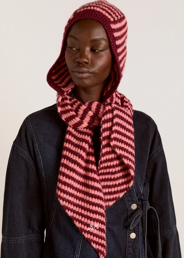 Tie Front Hood | Pink & Burgundy Stripe