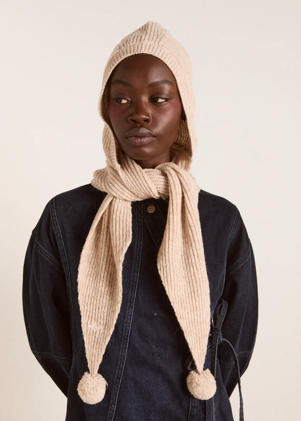 Tie Front Hood With Pop Pom Detail | Oatmeal