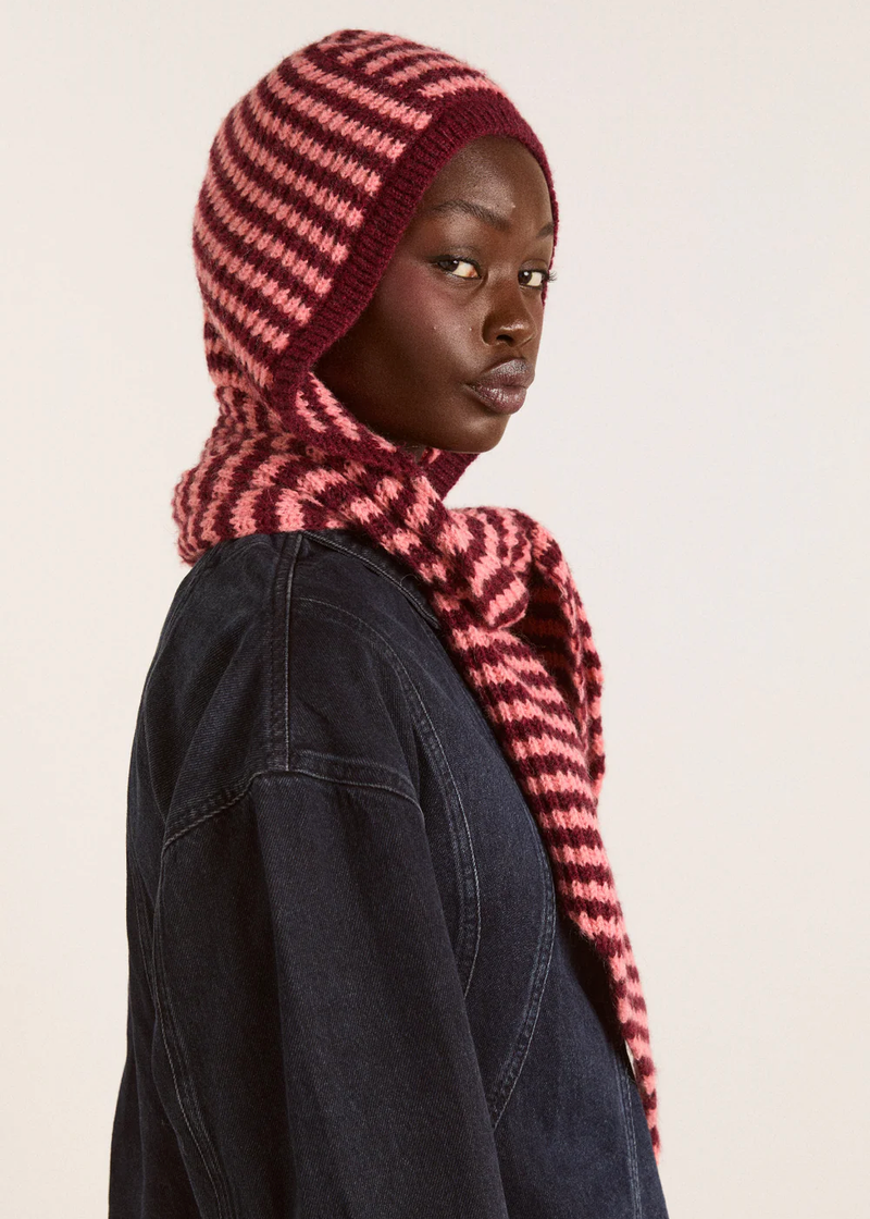 Tie Front Hood | Pink & Burgundy Stripe