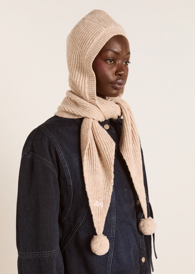 Tie Front Hood With Pop Pom Detail | Oatmeal