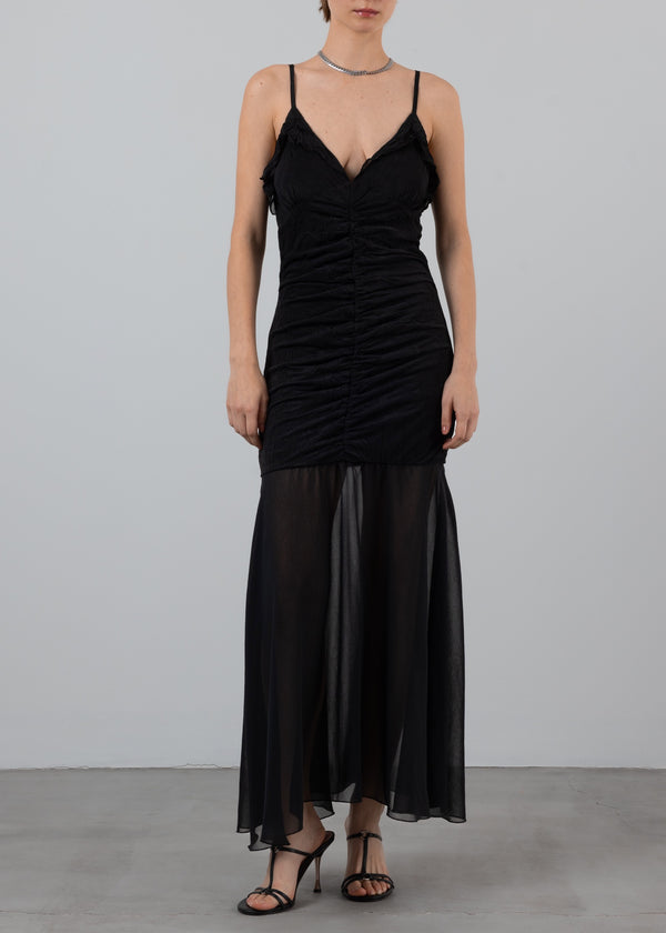 Gathered Ruffle Slip Maxi Dress