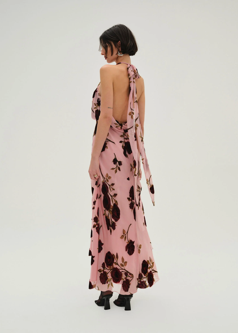 Rose Velvet Halter Maxi Dress