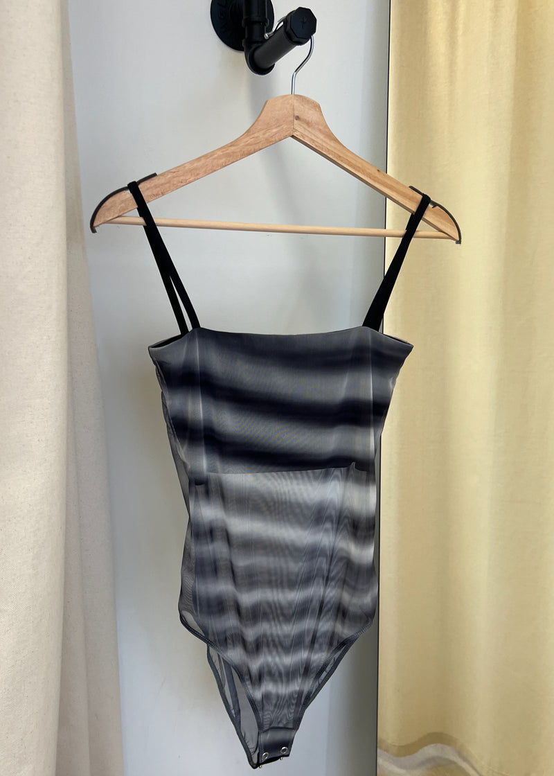 Mesh Abstract Stripe Strappy Bodysuit