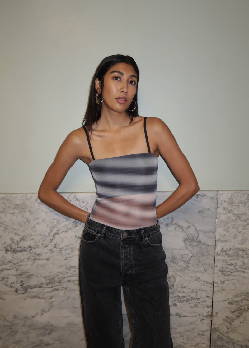 Mesh Abstract Stripe Strappy Bodysuit