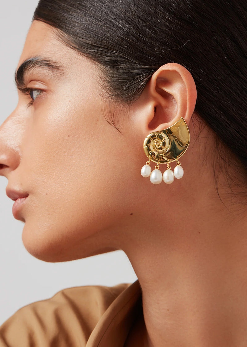 Lucille Climber Nautilus Earrings | Gold & Pearls