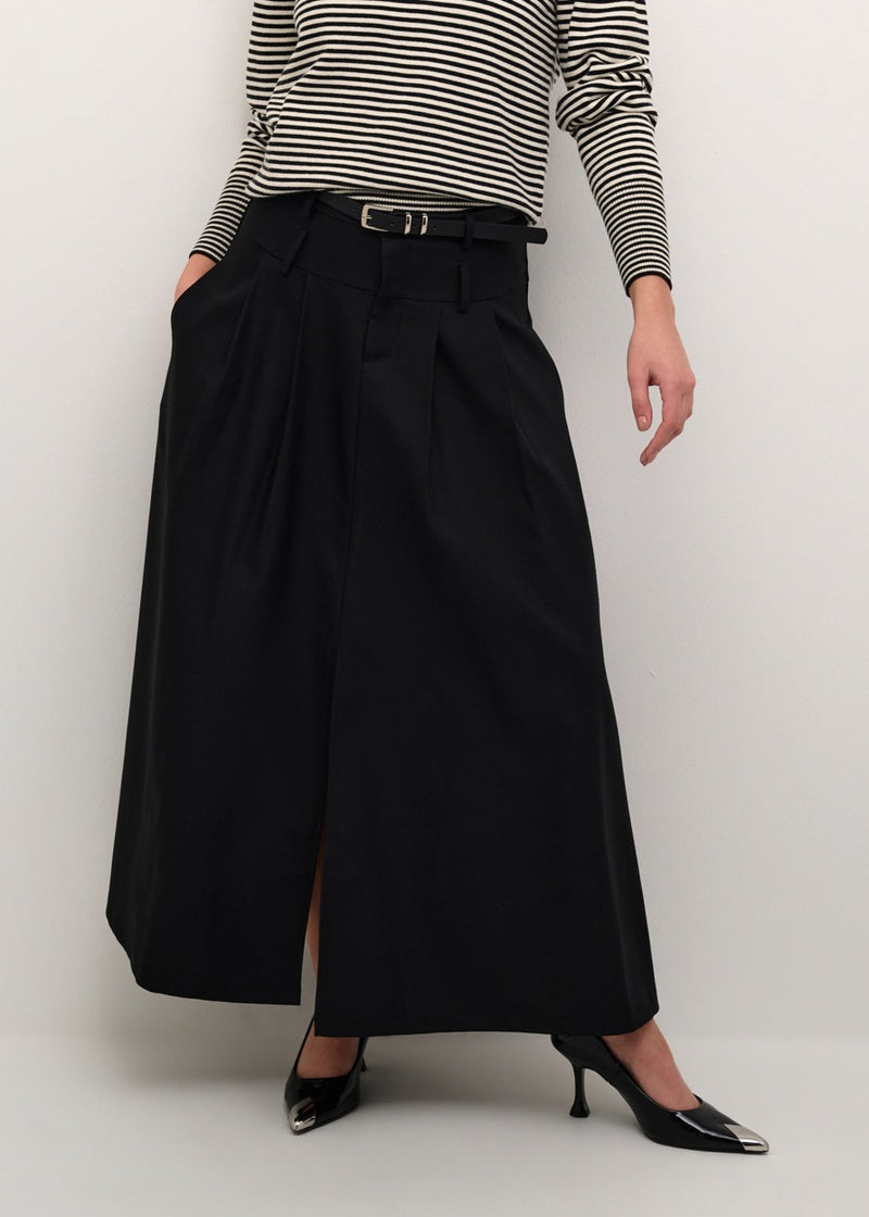 Long Pleated Belted Skirt with Slit