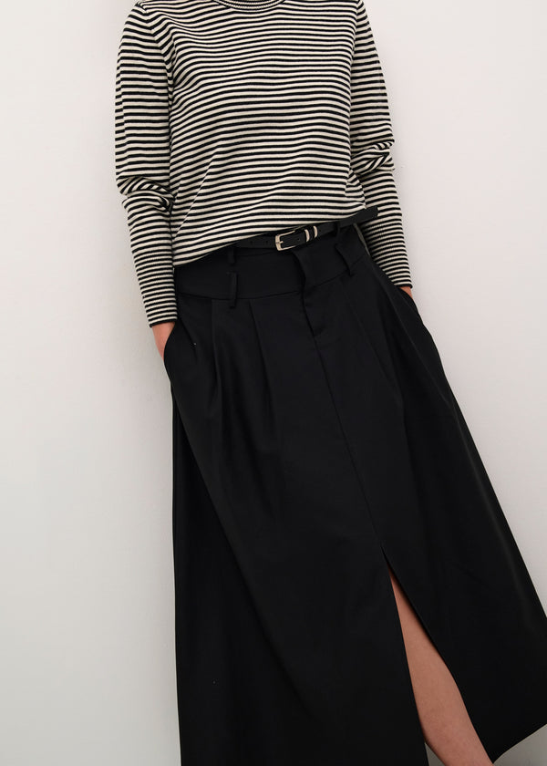 Long Pleated Belted Skirt with Slit