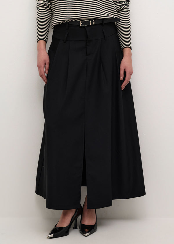 Long Pleated Belted Skirt with Slit