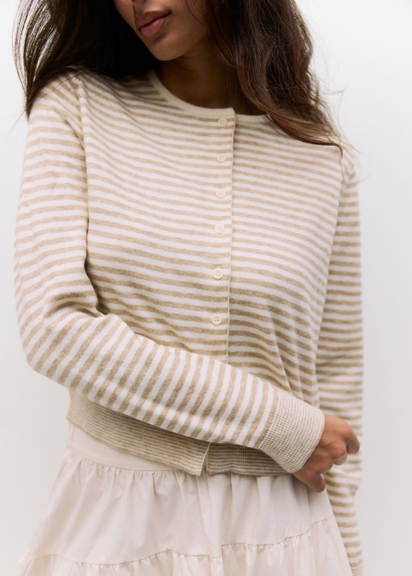 Montana Striped Cardigan | Taupe & White