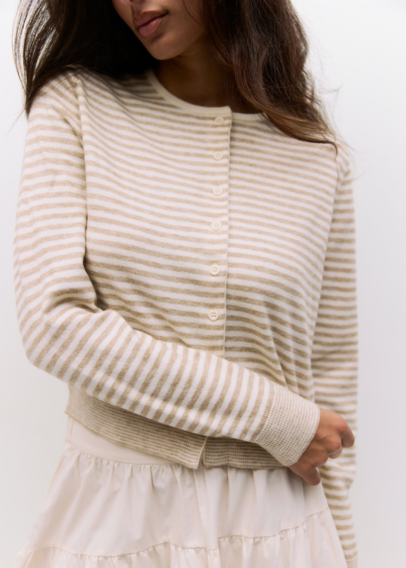 Montana Striped Cardigan | Taupe & White