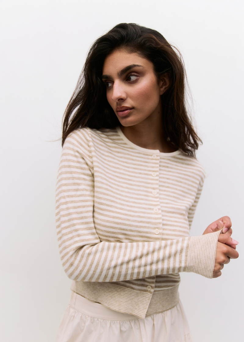 Montana Striped Cardigan | Taupe & White