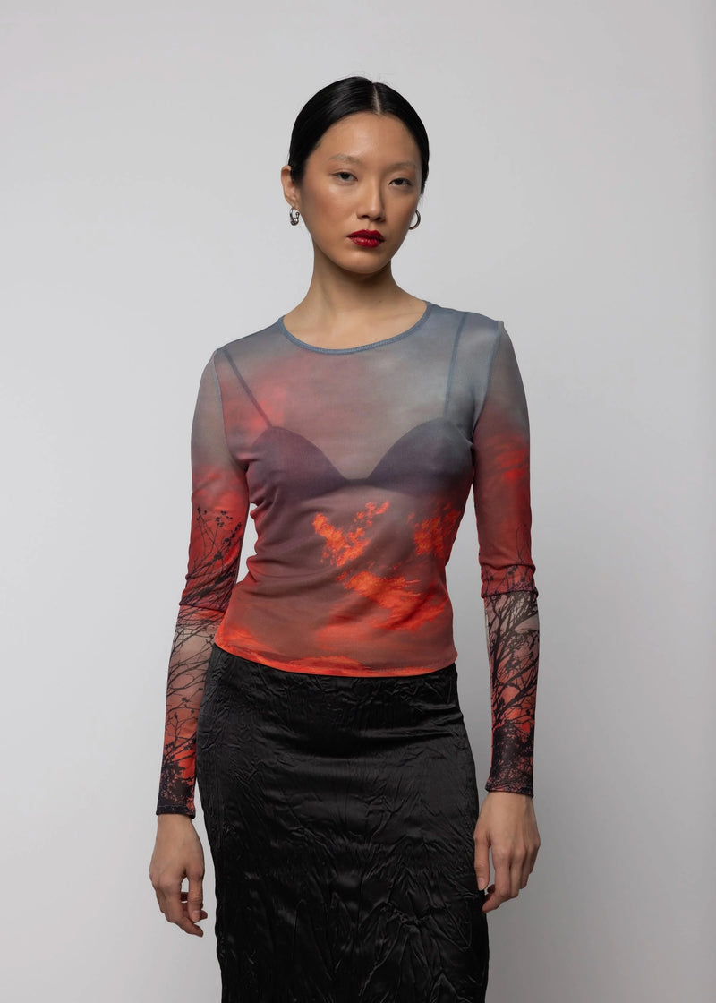 Mesh Long Sleeve Top | Crimson Dusk Print