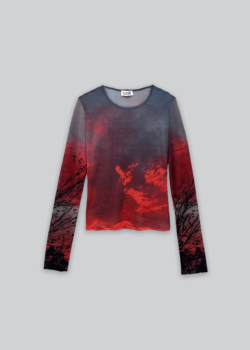 Mesh Long Sleeve Top | Crimson Dusk Print