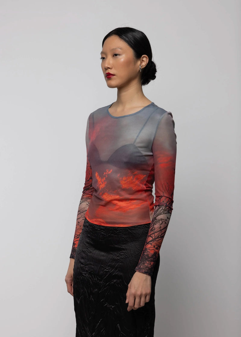 Mesh Long Sleeve Top | Crimson Dusk Print