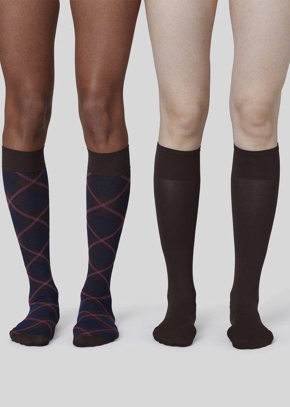 2-pack Franka Check & Solid Knee Highs | Dark Brown