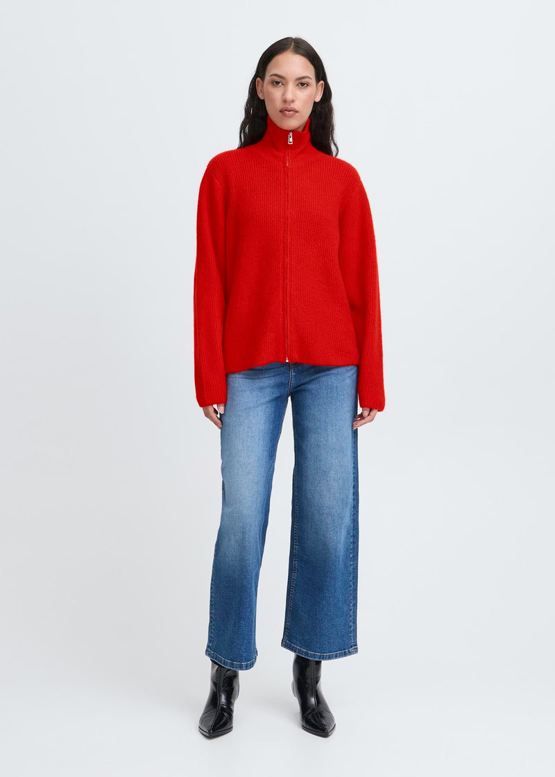 Ducie Ribbed Zip Cardigan | Red