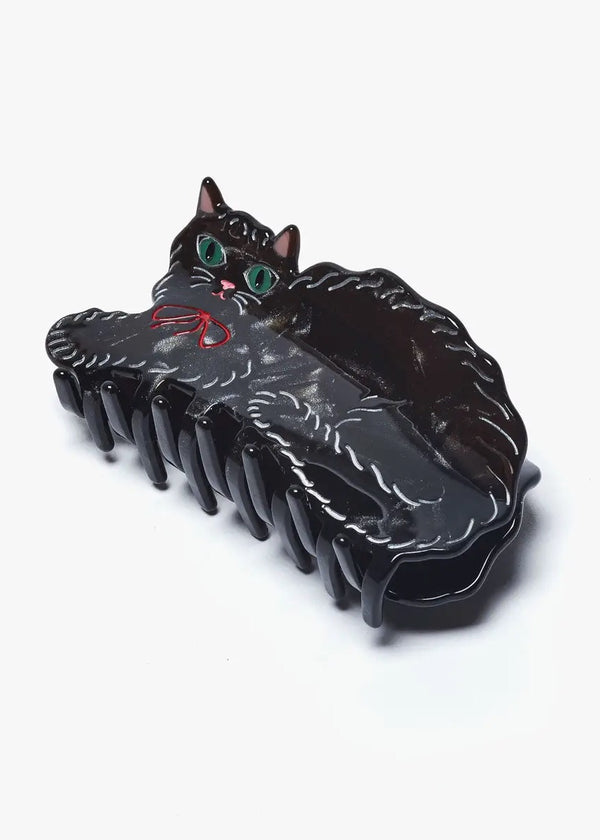 Black Shimmering Cute Kitty Cat Hair Claw with Red Bow