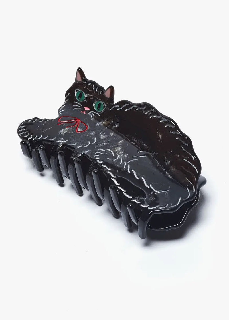 Black Shimmering Cute Kitty Cat Hair Claw with Red Bow