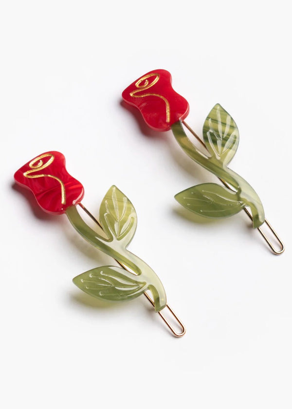 Red Rose Barrette Hair Clip Set