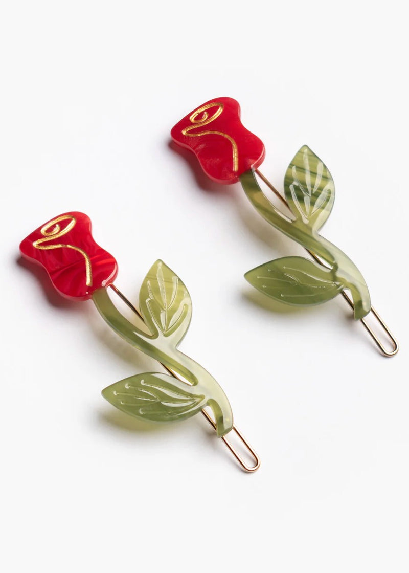Red Rose Barrette Hair Clip Set