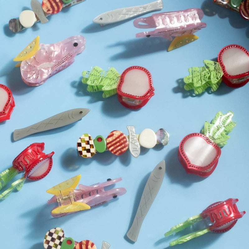 Sardine Fish Hair Clip Set in Silver Acetate with Rhinestone