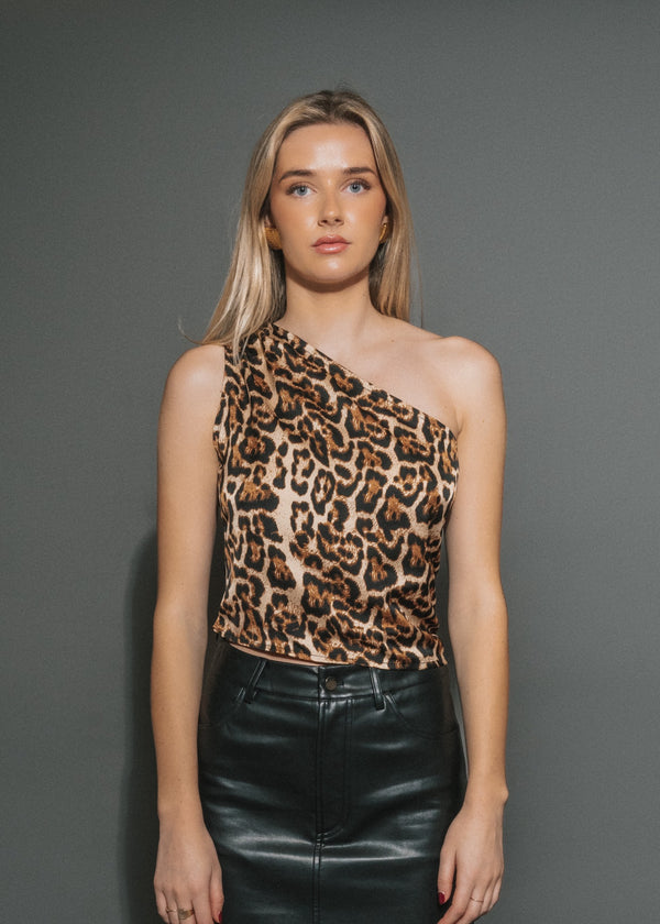 Satin One Shoulder Top | Leopard