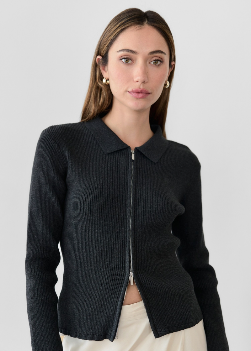 Kieran Ribbed Double Zip Cardigan | Charcoal